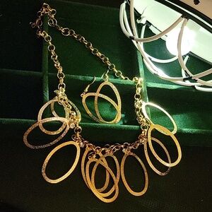 Oval Gold Tone & Diamond Faux Accented Set 16" +3" Necklace & 1" Earrings